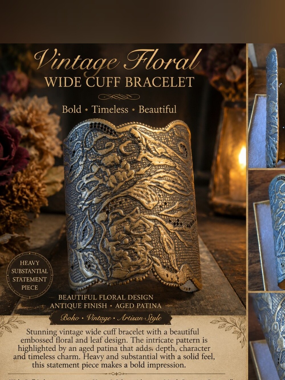 Vintage Floral Wide Cuff Bracelet - Aged Patina Silver